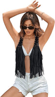 Women's Fringe Sleeveless Open Front Crop Denim Jacket Beaded Jean Vest Jackets